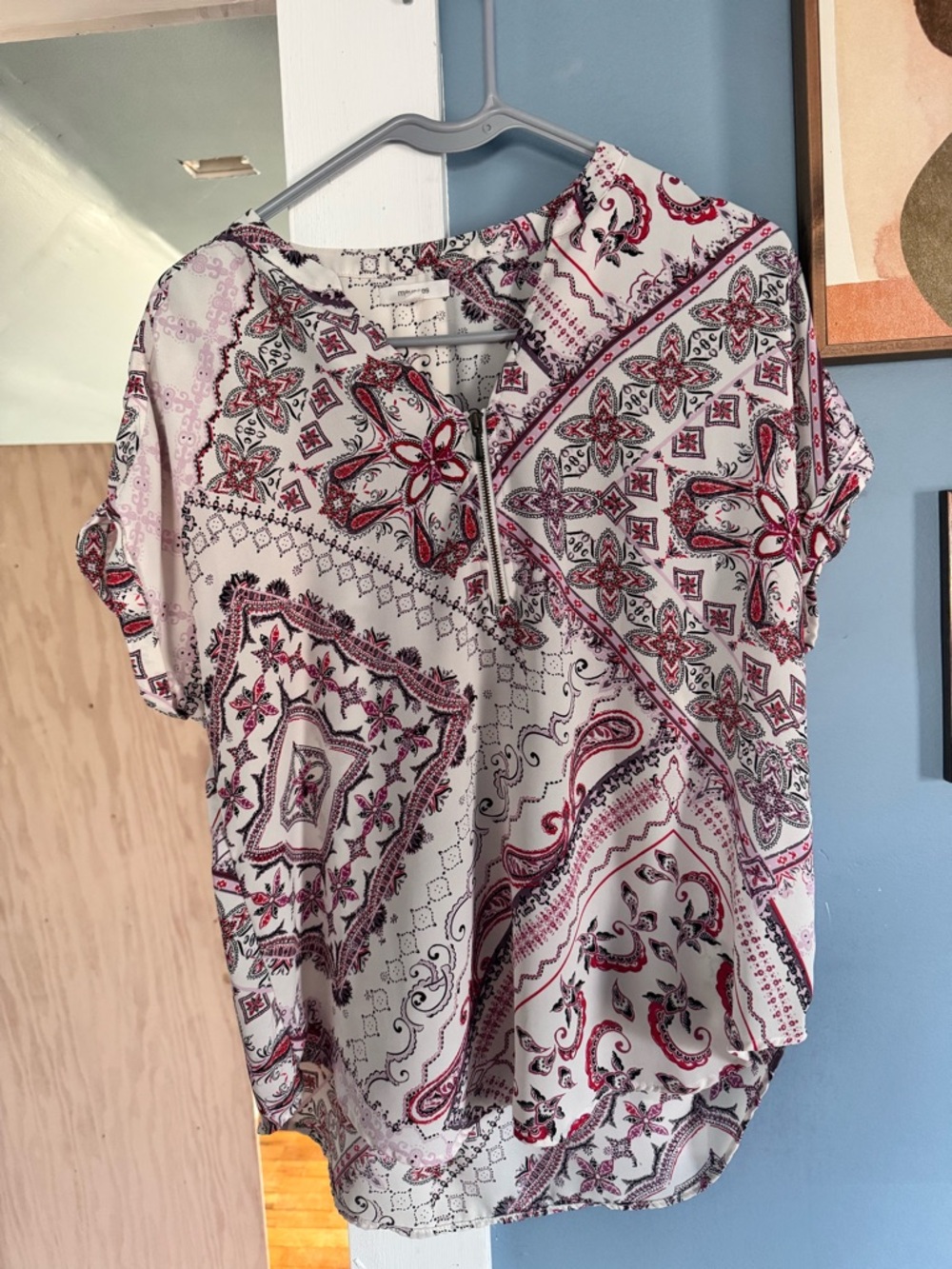 Maurices White Blouse with Red & Black Paisley Print